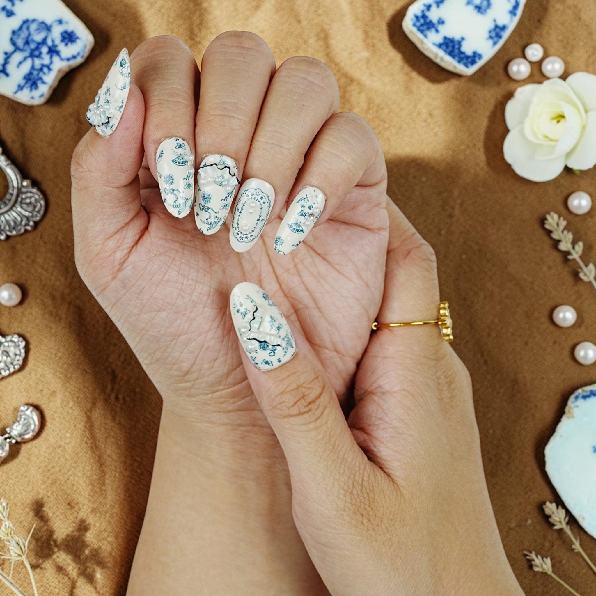 DSC00097 porcelain press on nails with blue toile print pearls and lace cameo