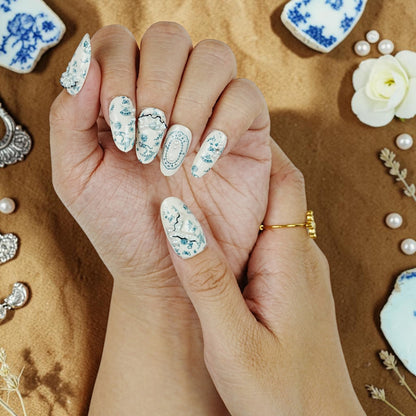 DSC00097 porcelain press on nails with blue toile print pearls and lace cameo