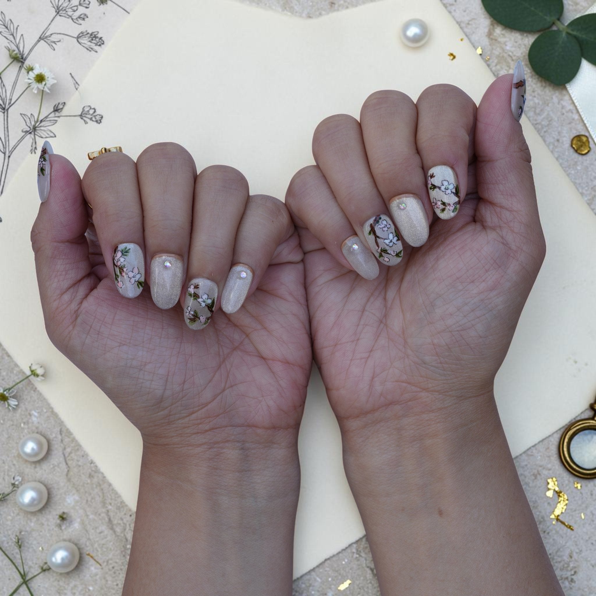 Nightingale bird press on nails set on both hands in pearl with painted birds and blossoms