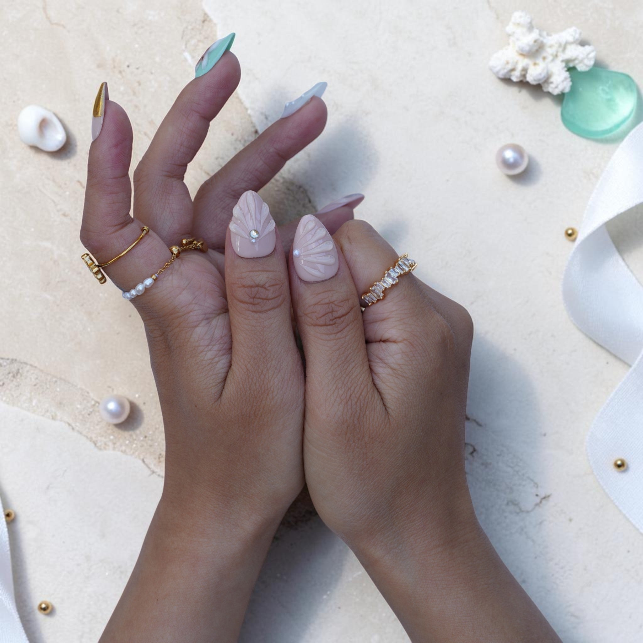 Mint and pearl ocean press on nails with hand painted starfish and 3D shell