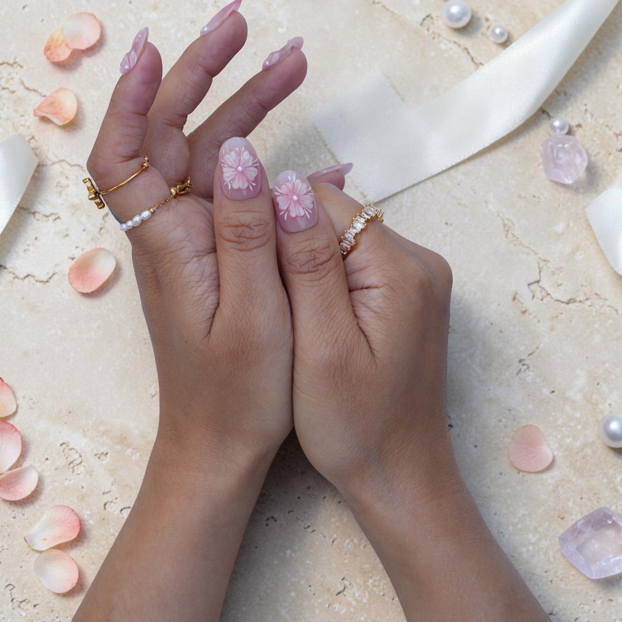 Rose quartz press on nails with hand painted cherry blossoms and tiny caviar pearls