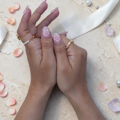 Rose quartz press on nails with hand painted cherry blossoms and tiny caviar pearls