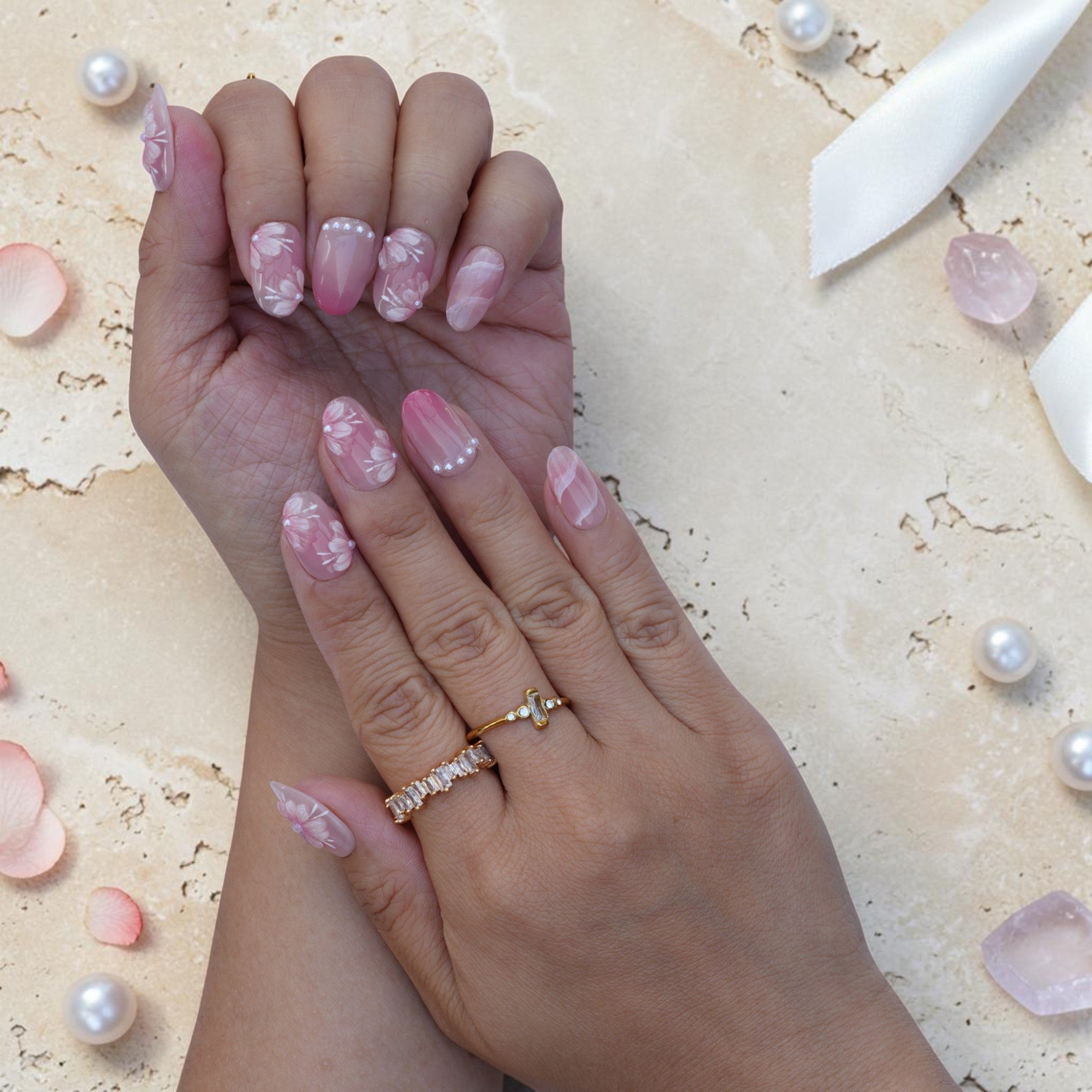 Blush pink ombre press on nails with painted blossoms and pearl details