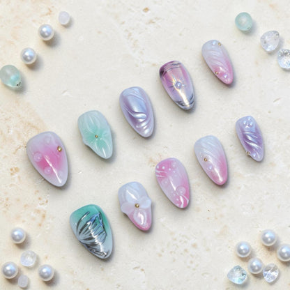 Opal Dream aura press on nails full set in pastel pink, lilac and mint with iridescent shimmer and 3D flowers