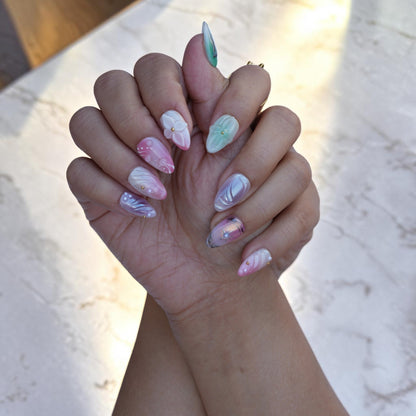 Pastel multi colour press on nails with 3D flowers, butterflies and stars