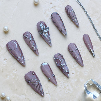 Silver Fae stiletto press on nails, full set of 10 in mauve with silver 3D flowers and butterfly art