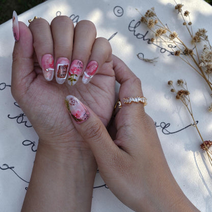 Watercolour rose nails with love note detail and tiny rhinestones