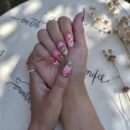 Romantic rose press on nails with green stems and vintage letter art
