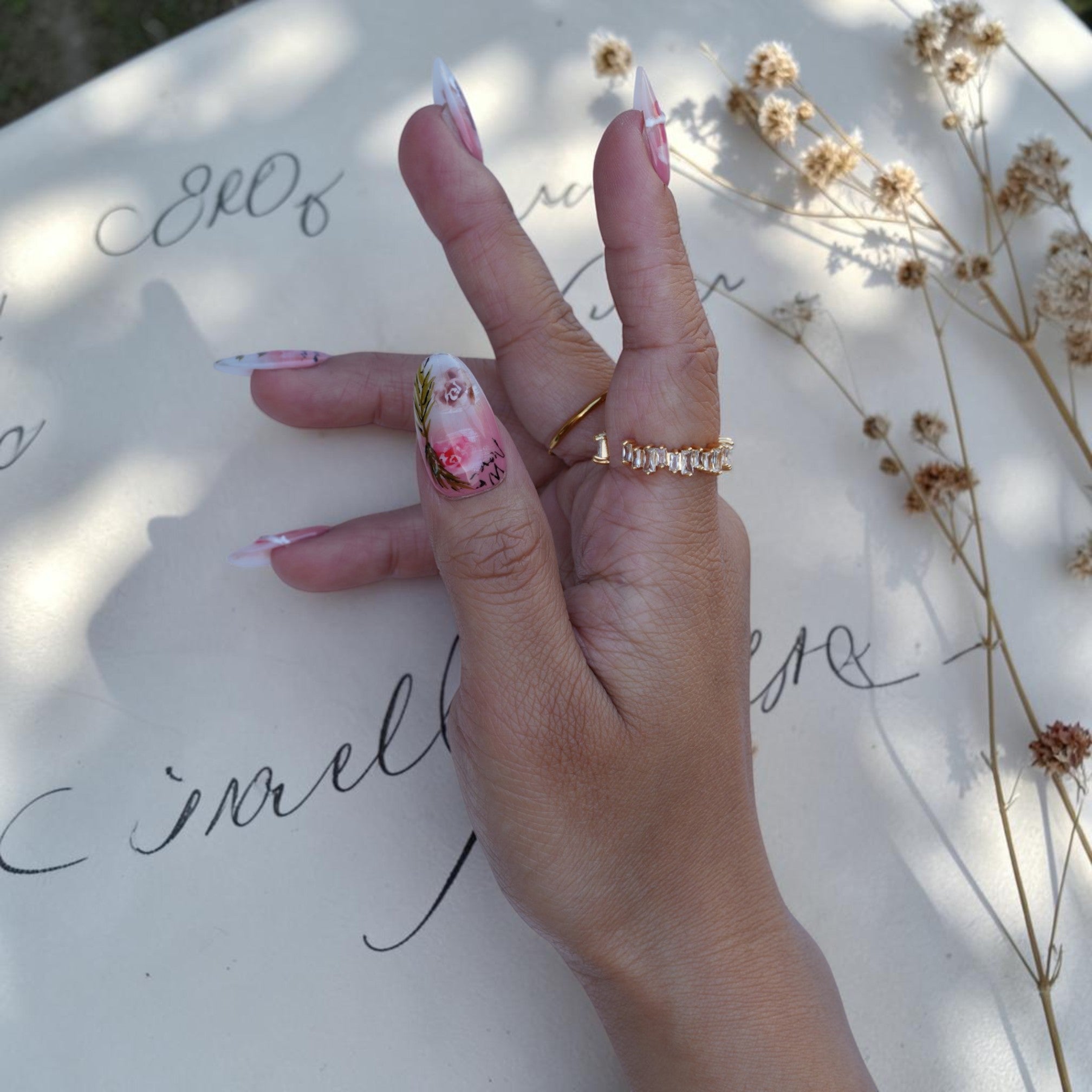 Vintage rose press on nails with painted roses and gold green leaves