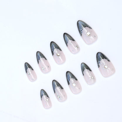 Midnight Wish black french tip press on nails full set with cat eye tips and celestial star