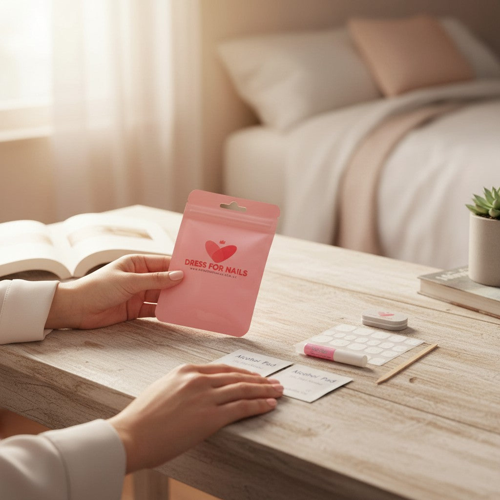Woman holding Dress For Nails prep kit in pink pouch on wooden table with nail accessories – essential press on nail starter kit