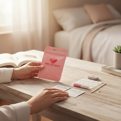 Woman holding Dress For Nails prep kit in pink pouch on wooden table with nail accessories – essential press on nail starter kit