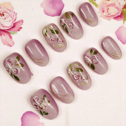 Lilac cat’s eye press on nails with rose floral design – reusable shimmer nails handmade in Australia