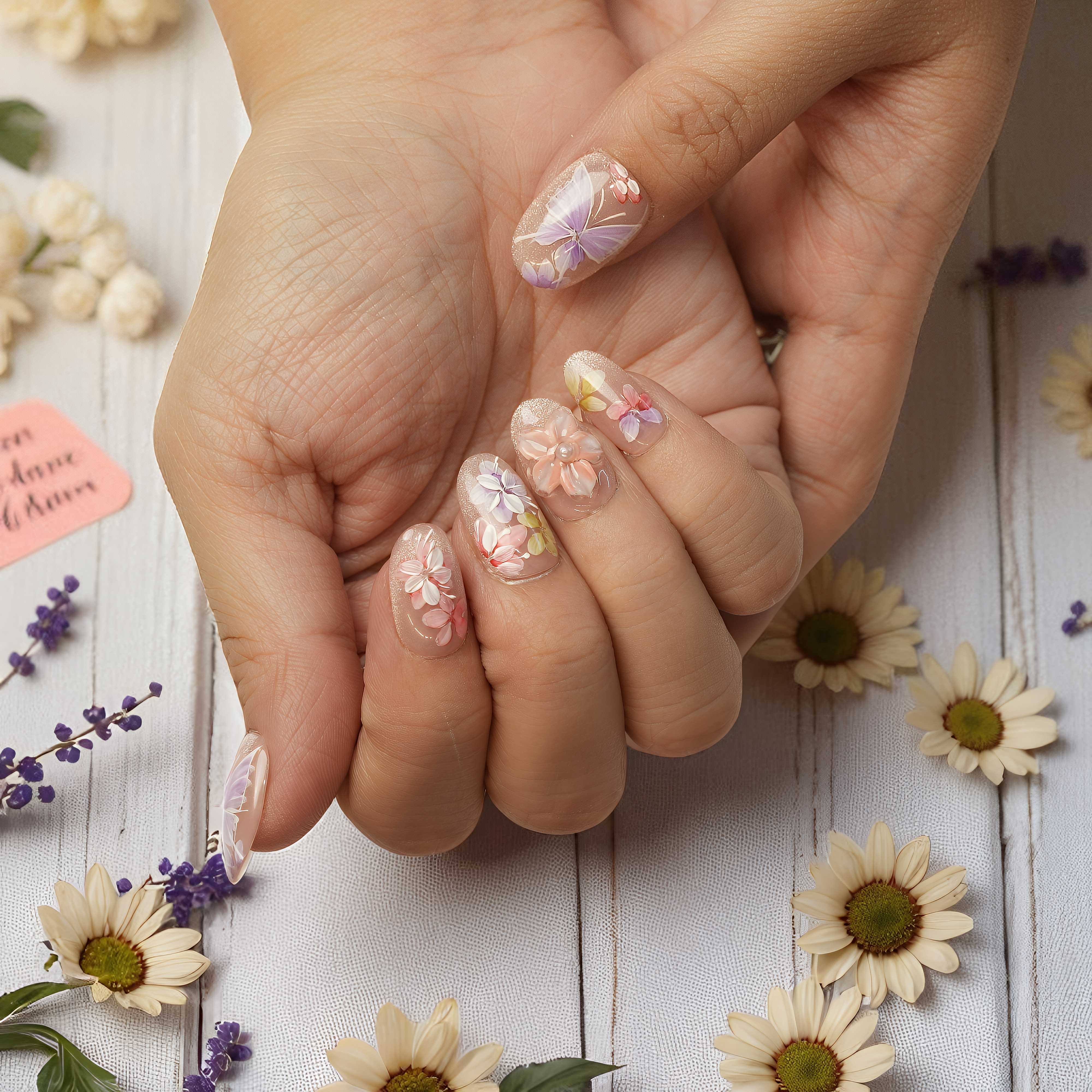 Reusable glue on nails with spring-inspired design and delicate butterfly effects
