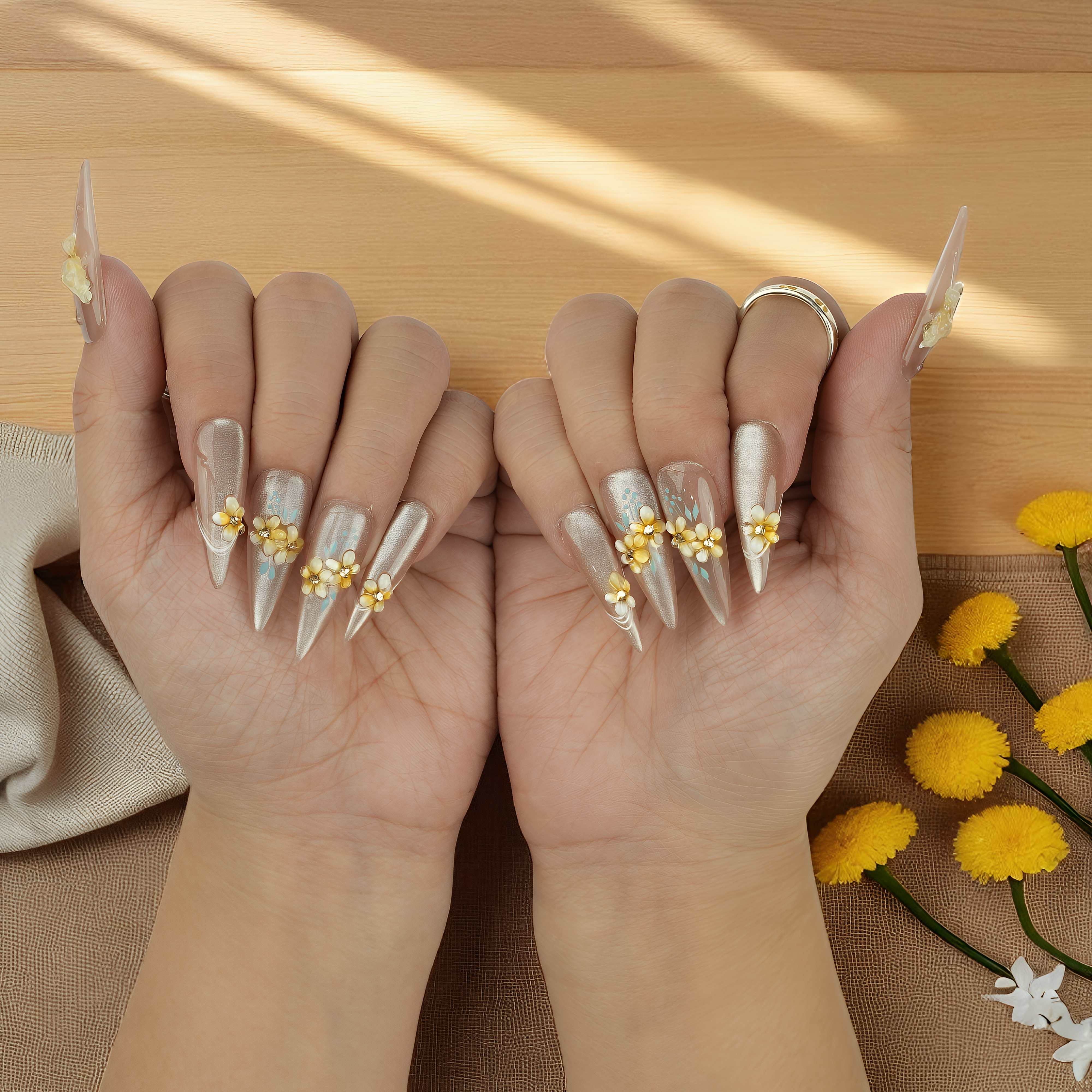 Closeup of jelly nails featuring luminous magnetic shift and veil design