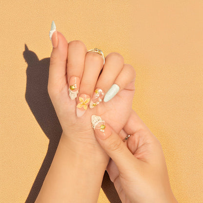 Reusable press on nails with handmade seashell and ocean swirl details
