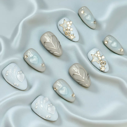 Elegant handmade press on nails with romantic pearl and gem detailing