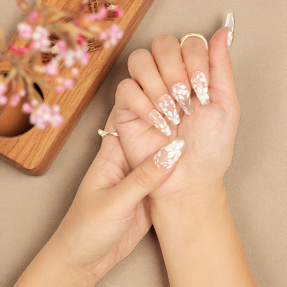 Reusable press on nails with hand-detailed white florals over pastel pink base, Candy Bloom Claws