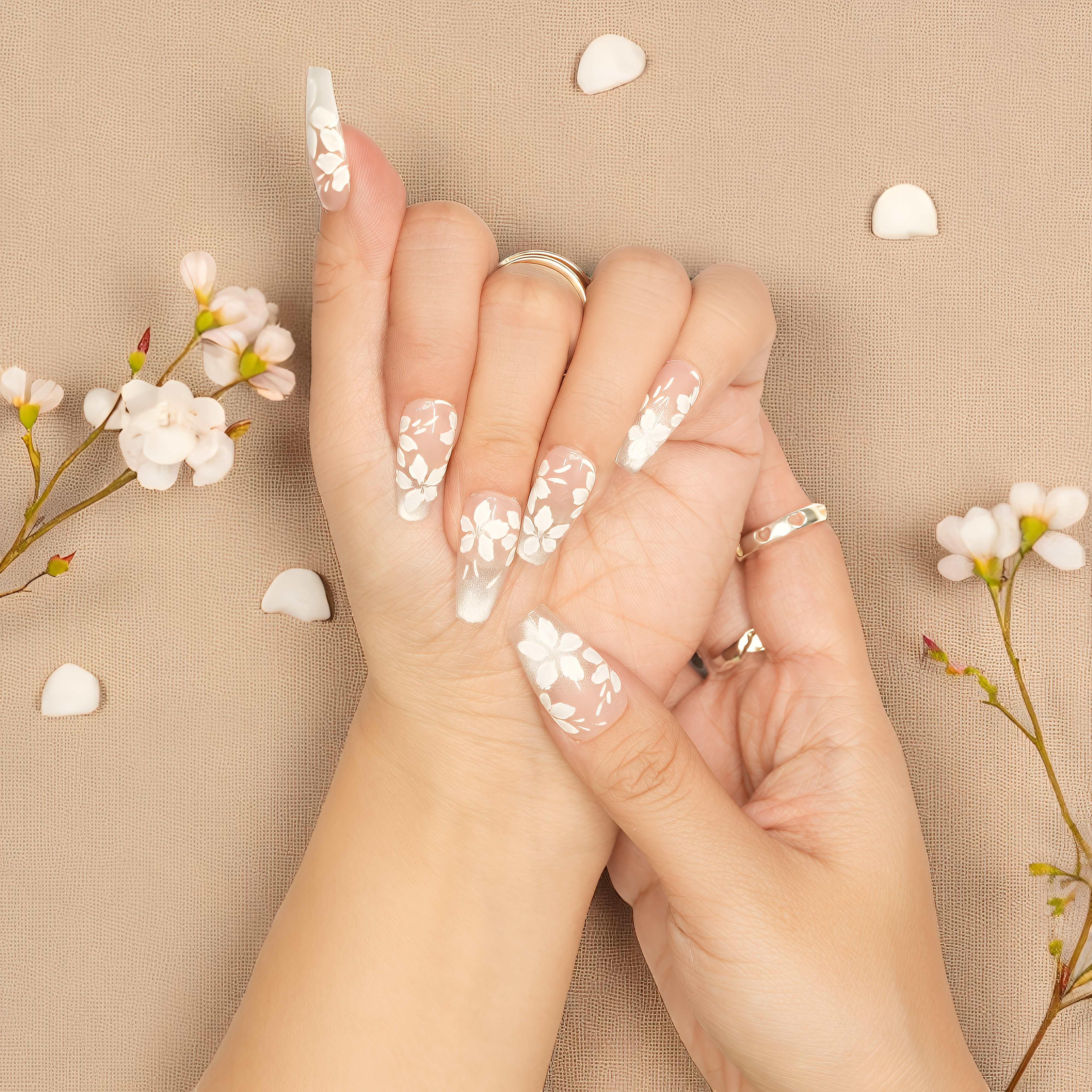 White floral coffin press on nails set with pink tones, ready to wear fake nails