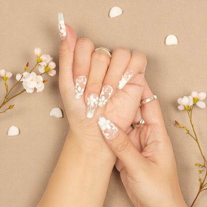 White floral coffin press on nails set with pink tones, ready to wear fake nails