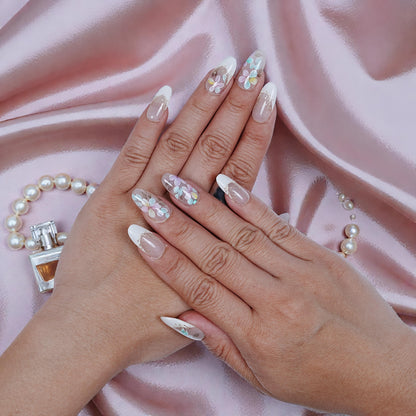 Full nail set display – Blooming Mist gallery of nails in pastel pink, lilac, and shimmer tones
