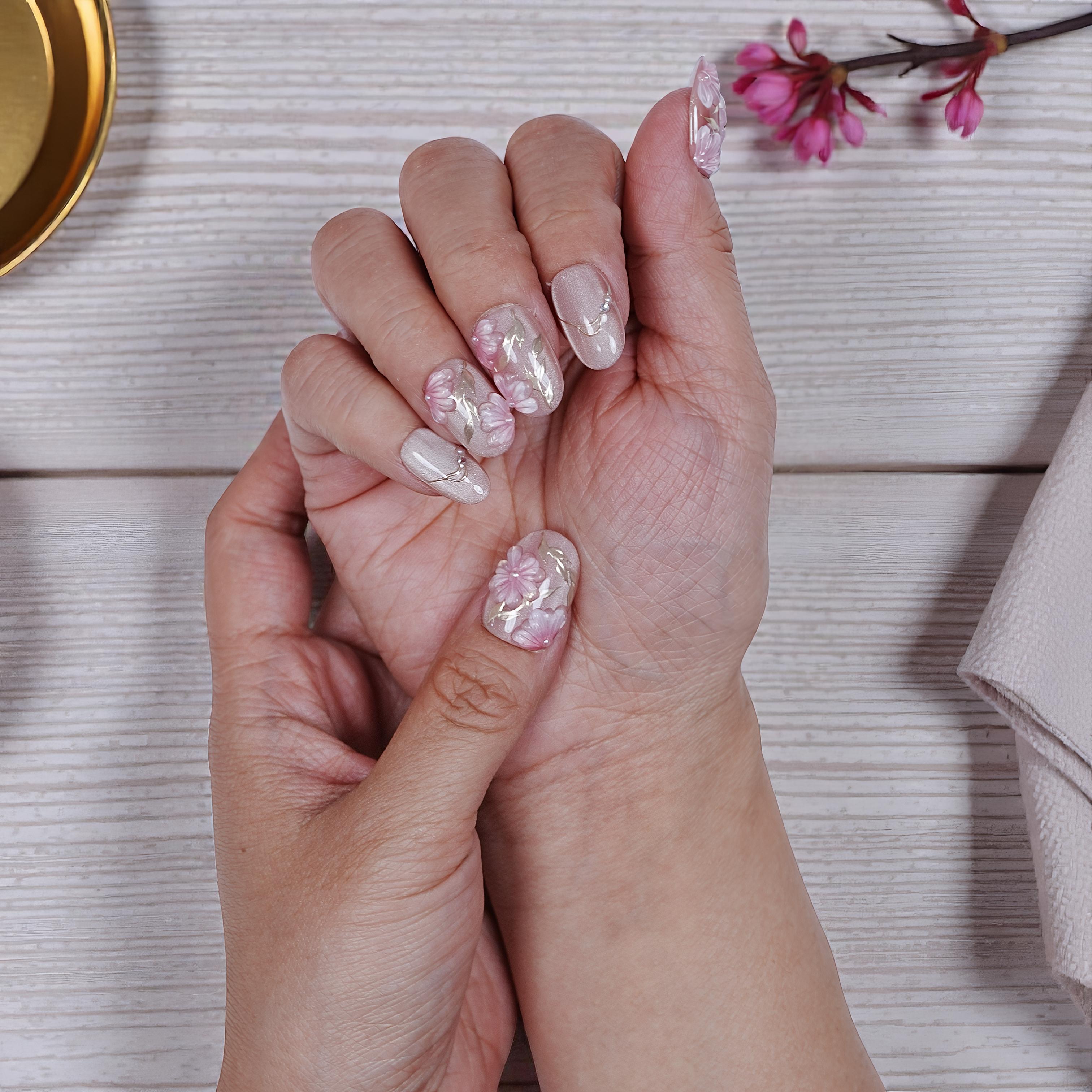 Handmade 3D floral press on nails with pearls and clear shimmer base
