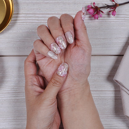 Handmade 3D floral press on nails with pearls and clear shimmer base
