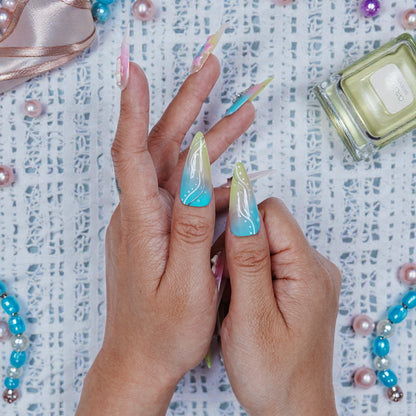 Full view of both hands with Aurora Belle Garden nails in daylight showing shimmer and 3D sculptural design