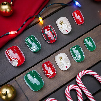 Festive holiday press on nails with red, green, and white patterns and candy cane