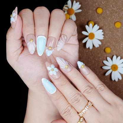 Highlight on 3D flower with soft curves, white petals, and a glossy base.