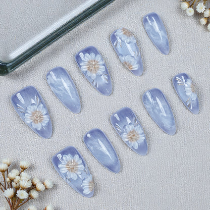 Purple handmade press on nails with white daisy floral design on fabric, Dress For Nails