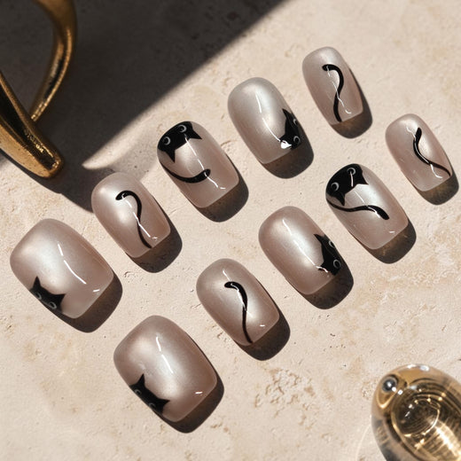 Peekaboo Cat black cat press on nails, short nude cat eye set with peeking black cats and curly tails