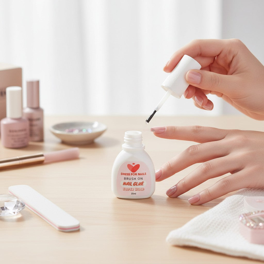 Front view of Dress For Nails Advanced Brush-On Nail Glue with super hold label and heart logo with a hand holding the brush