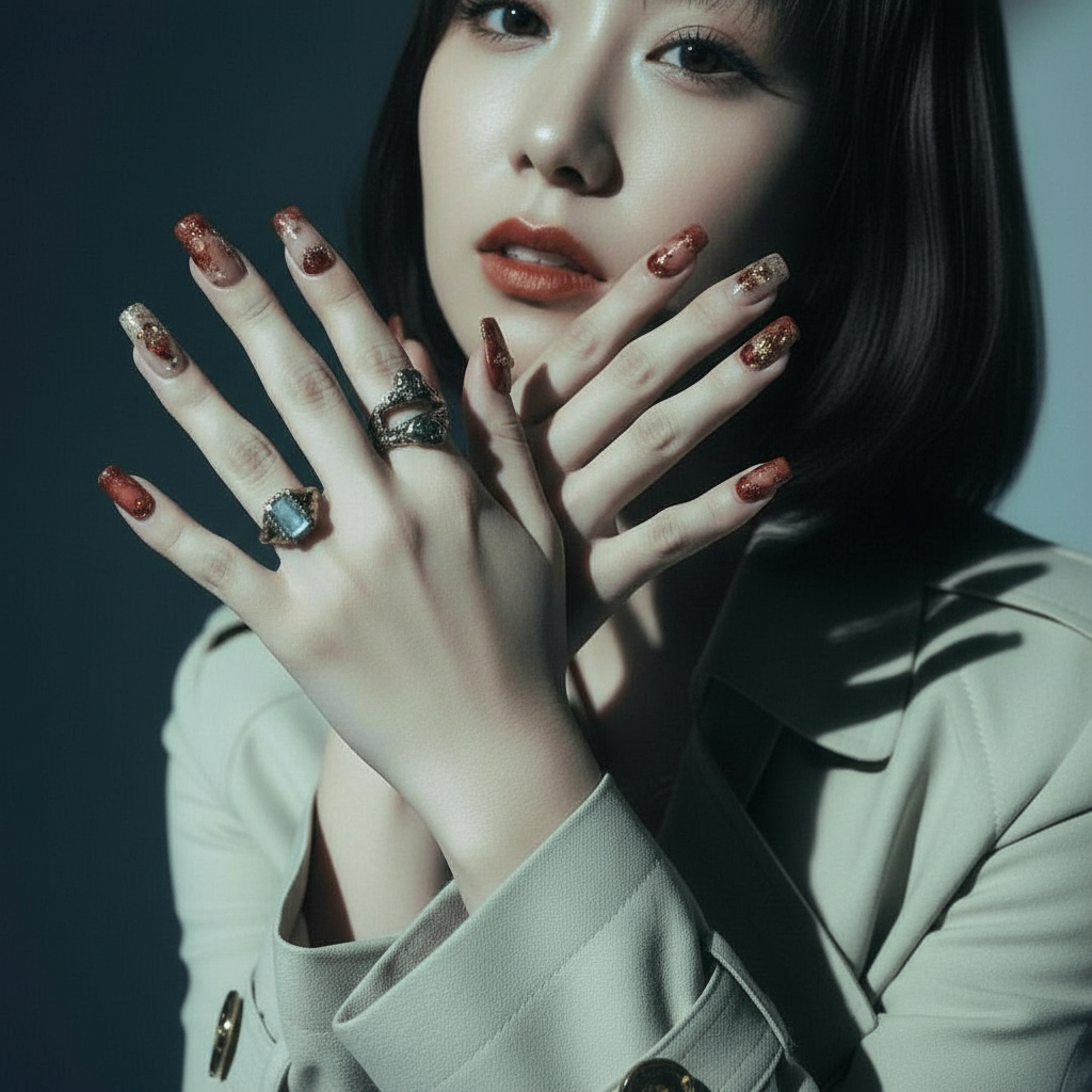 model wearing long red glitter press on nails with elegant studio lighting